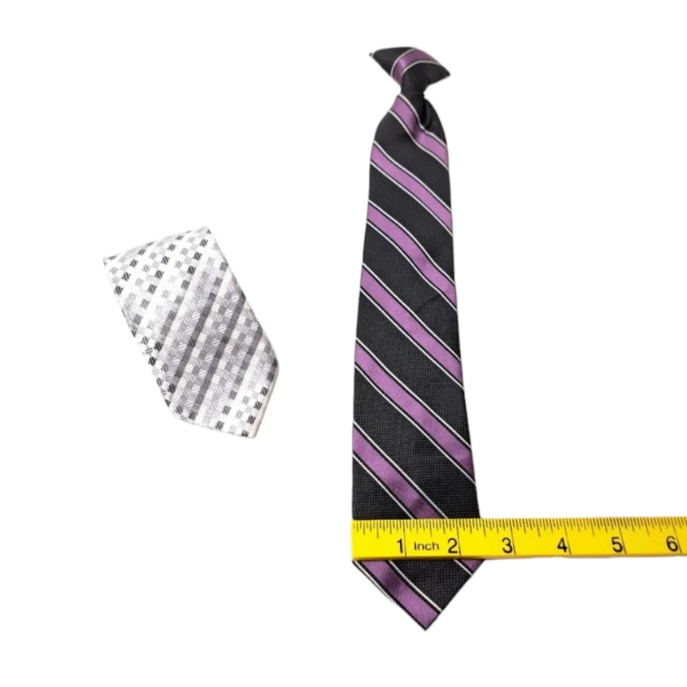 LOT OF 2 Boys Clip Tie‎ Purple, Black, Stripes & Silver, Black, & Grey Di…